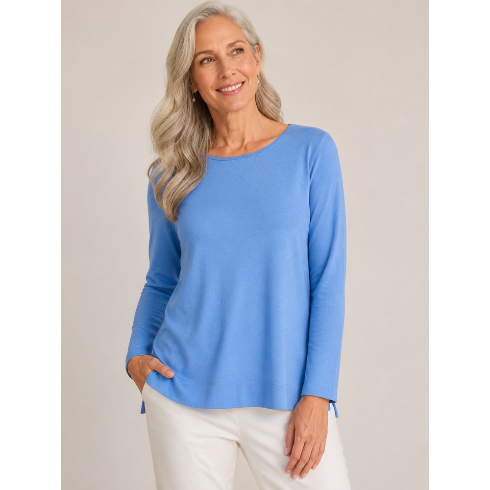 J‎ Jill Women Coastal High Low Pima Cotton Long Sleeve Tee Blue Small Basic Top